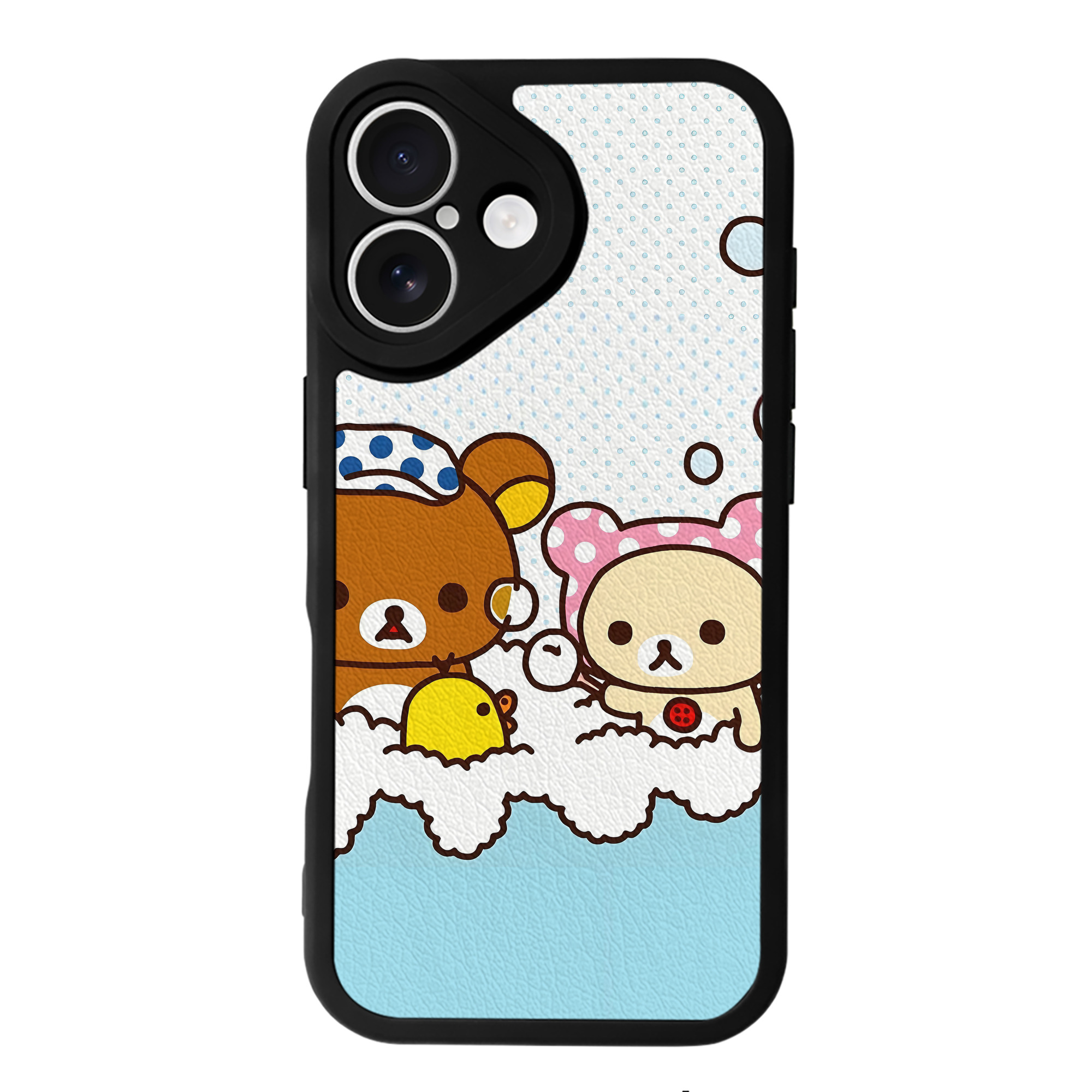 （画像用） リラックマ リラックマ キイロイトリ Rilakkuma Korilakkuma Kiiroitori 【iPhone 16シリーズ対応】シリコンスマホケース（レザー調） 材質：シリコン